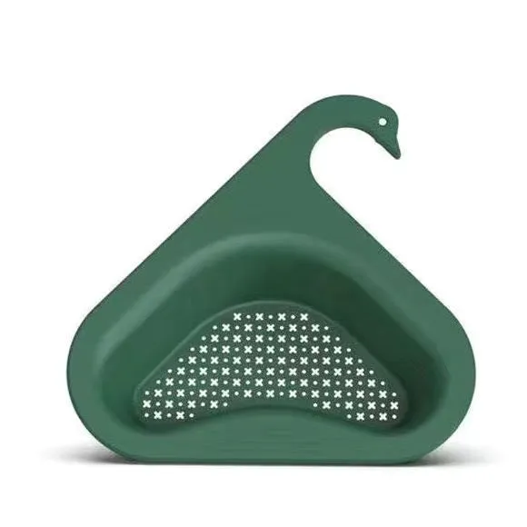Household sink hanging fruit and vegetable drain basket in green plastic, clipped onto sink rim with slotted base