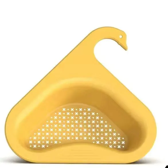 Household sink hanging fruit and vegetable drain basket in green plastic, clipped onto sink rim with slotted base