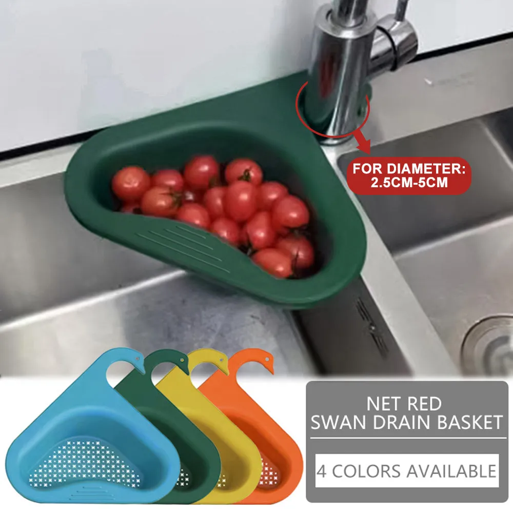 Household sink hanging fruit and vegetable drain basket in green plastic, clipped onto sink rim with slotted base