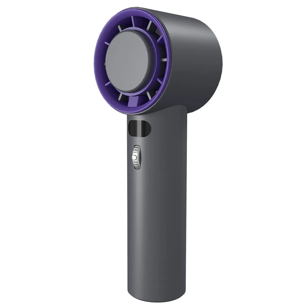 White portable handheld turbo fan with cooling function and display, shown on a table.