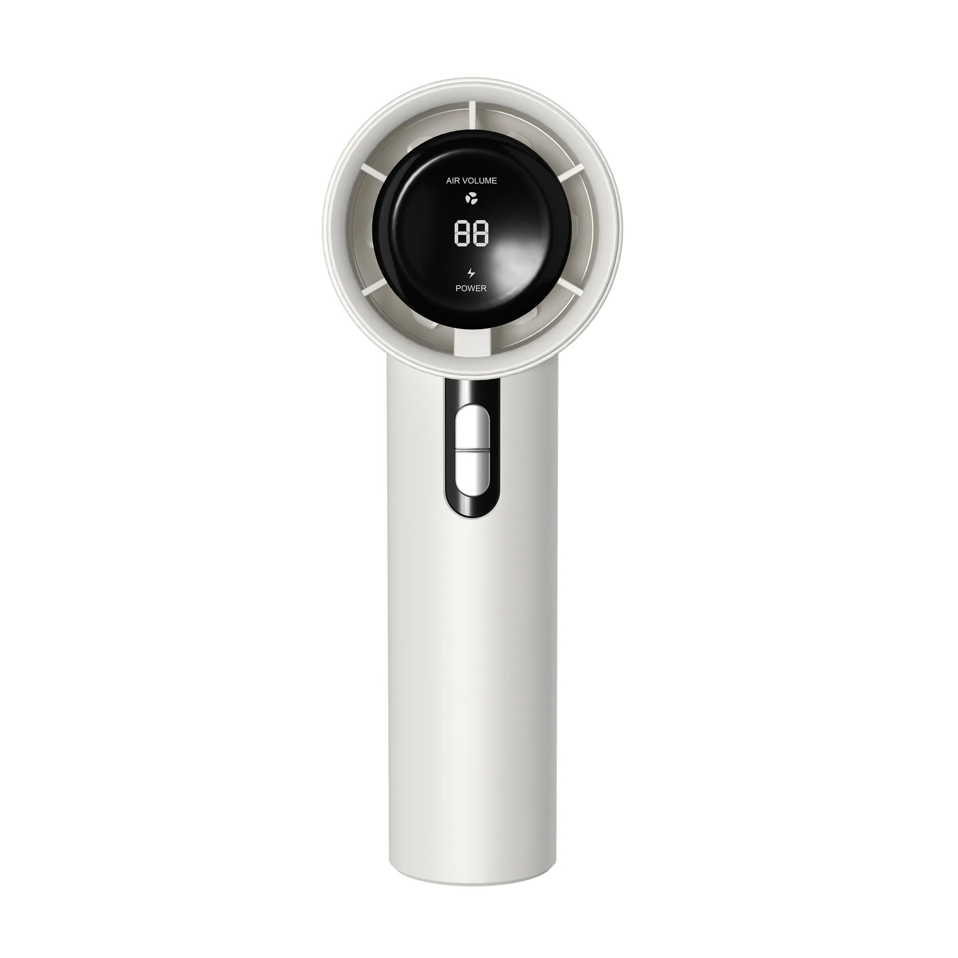 White portable handheld turbo fan with cooling function and display, shown on a table.