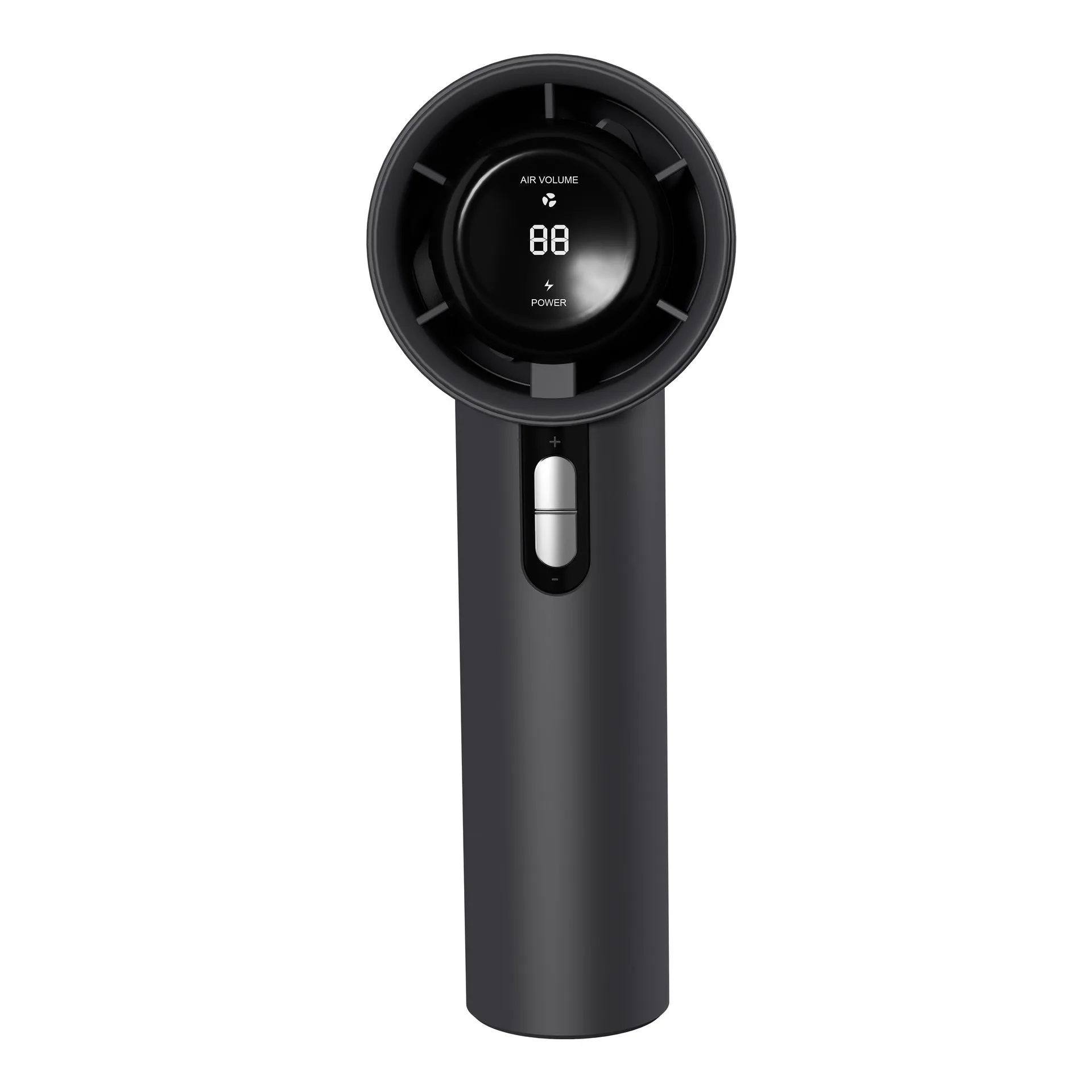 White portable handheld turbo fan with cooling function and display, shown on a table.