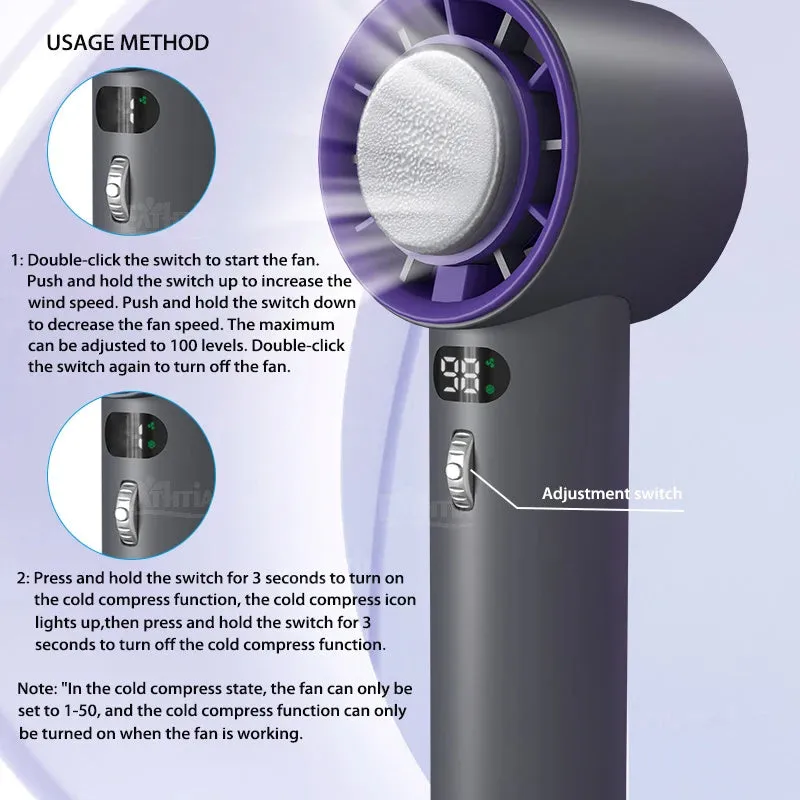 White portable handheld turbo fan with cooling function and display, shown on a table.