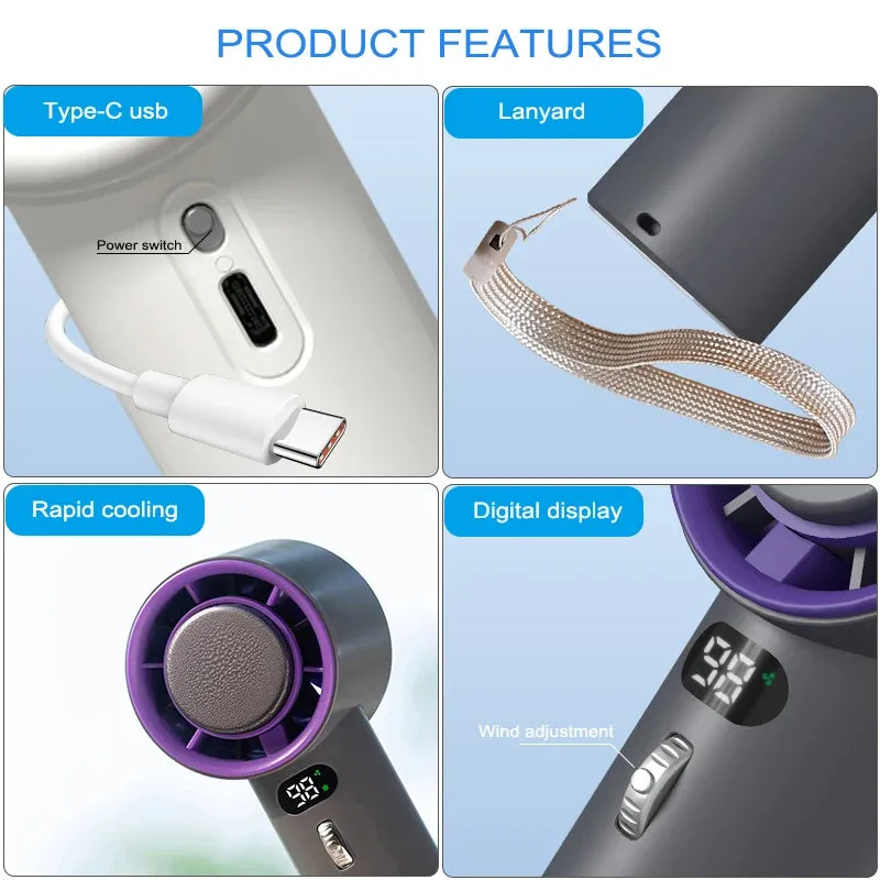 White portable handheld turbo fan with cooling function and display, shown on a table.