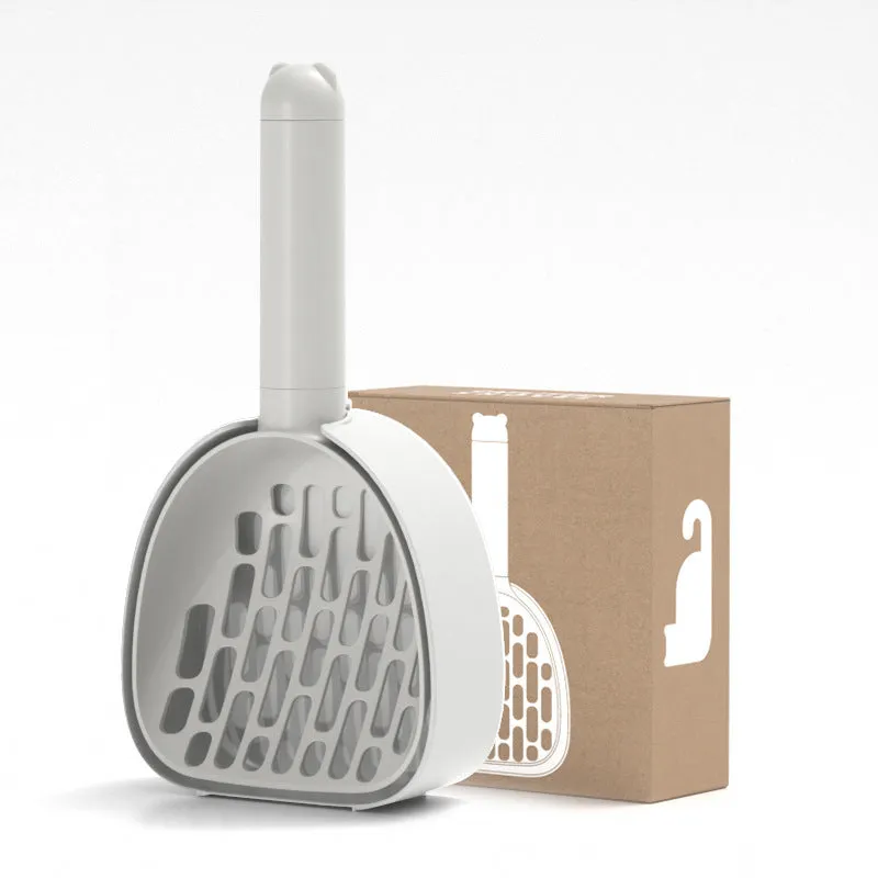 White ABS plastic cat litter scoop with storage base and hidden waste bag compartment
