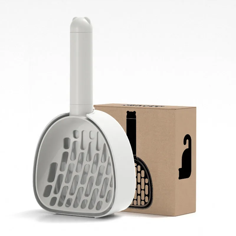 White ABS plastic cat litter scoop with storage base and hidden waste bag compartment