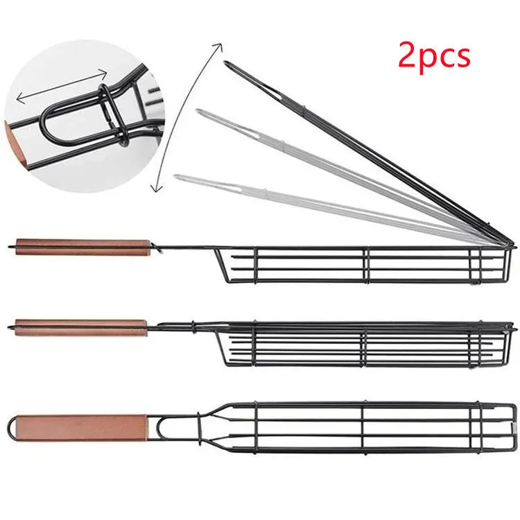 Burlywood coloured iron barbecue basket with a long wood handle for outdoor grilling.