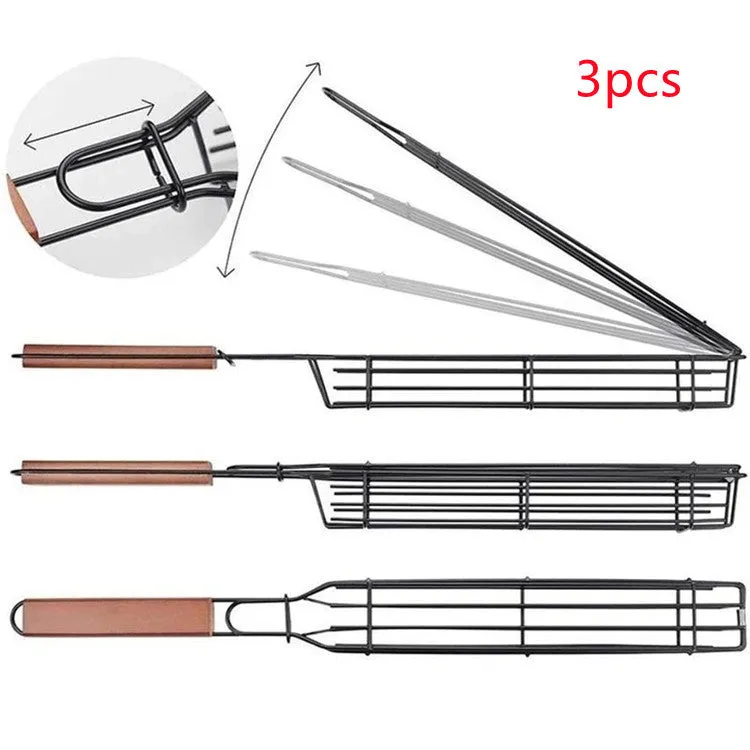 Burlywood coloured iron barbecue basket with a long wood handle for outdoor grilling.