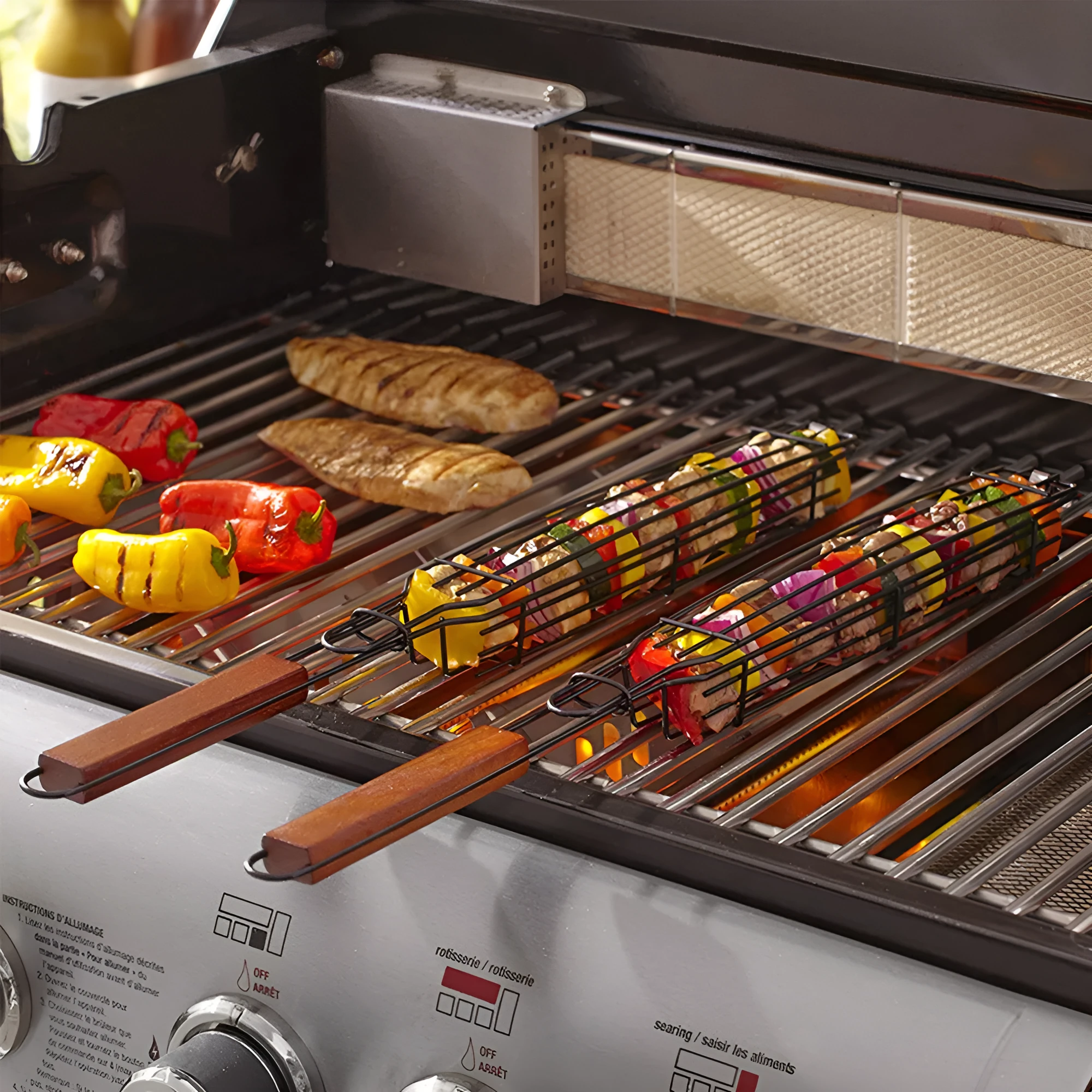 Burlywood coloured iron barbecue basket with a long wood handle for outdoor grilling.