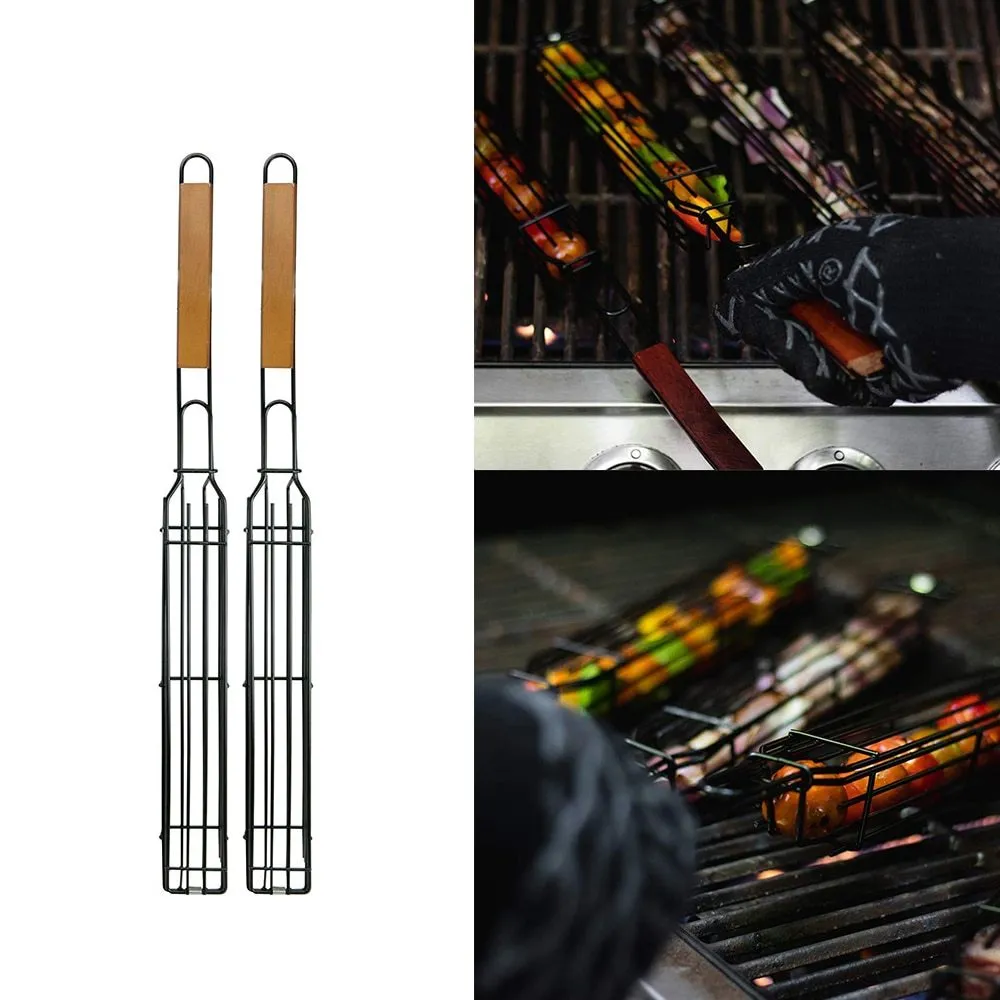 Burlywood coloured iron barbecue basket with a long wood handle for outdoor grilling.