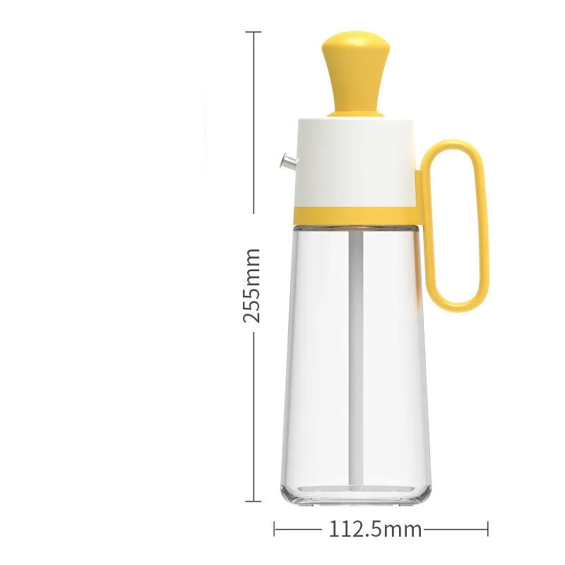 Transparent glass oil dispenser with silicone brush, stainless steel nozzle, in yellow, green, or brown.
