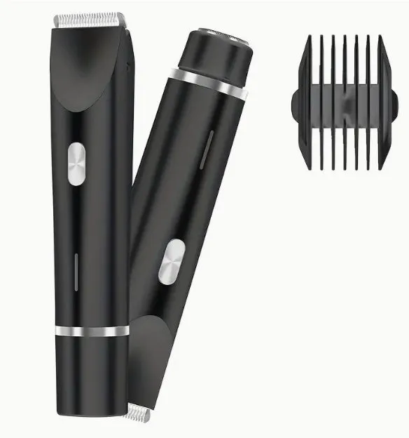 Pink women's electric razor and trimmer with two heads, USB cable, and brush on a white background.