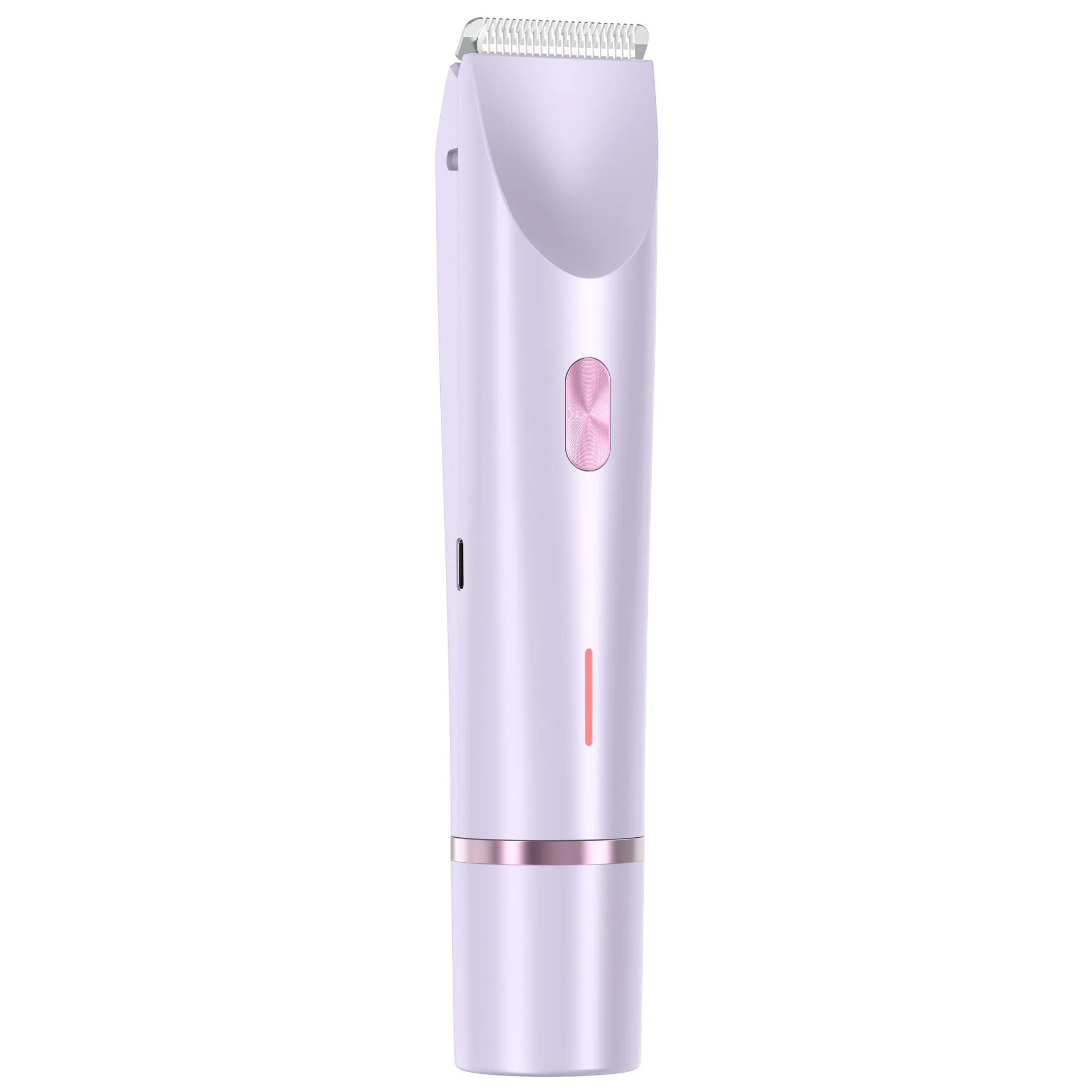Pink women's electric razor and trimmer with two heads, USB cable, and brush on a white background.