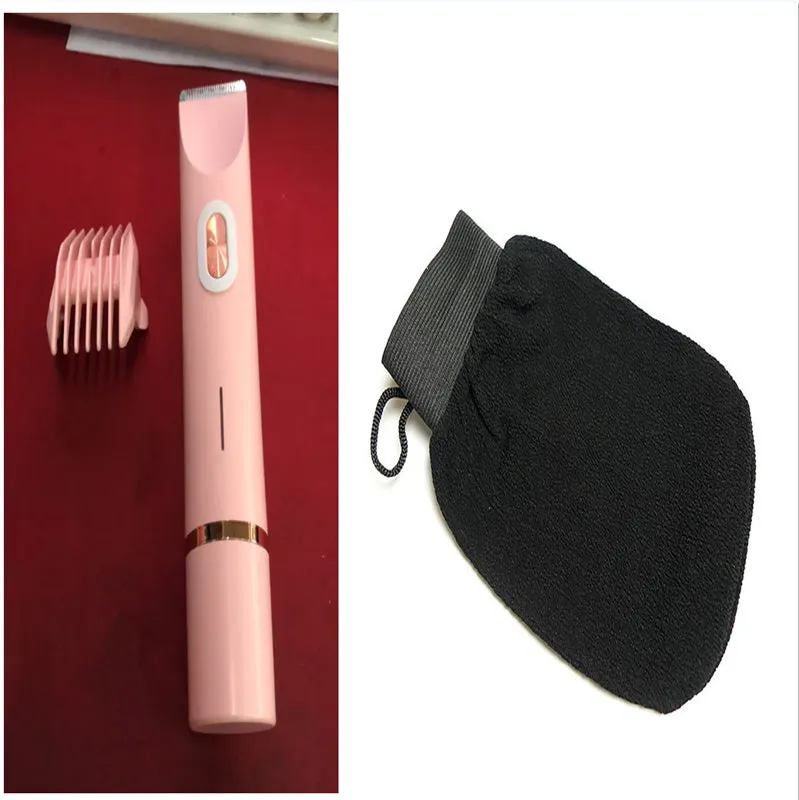 Pink women's electric razor and trimmer with two heads, USB cable, and brush on a white background.