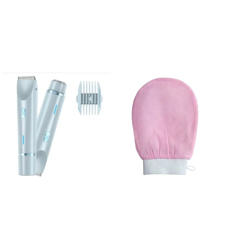 Pink women's electric razor and trimmer with two heads, USB cable, and brush on a white background.