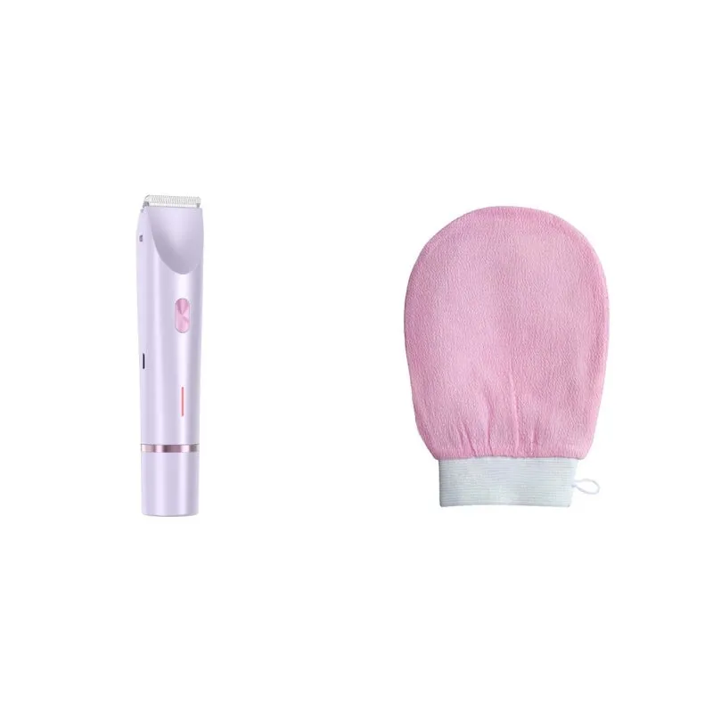Pink women's electric razor and trimmer with two heads, USB cable, and brush on a white background.
