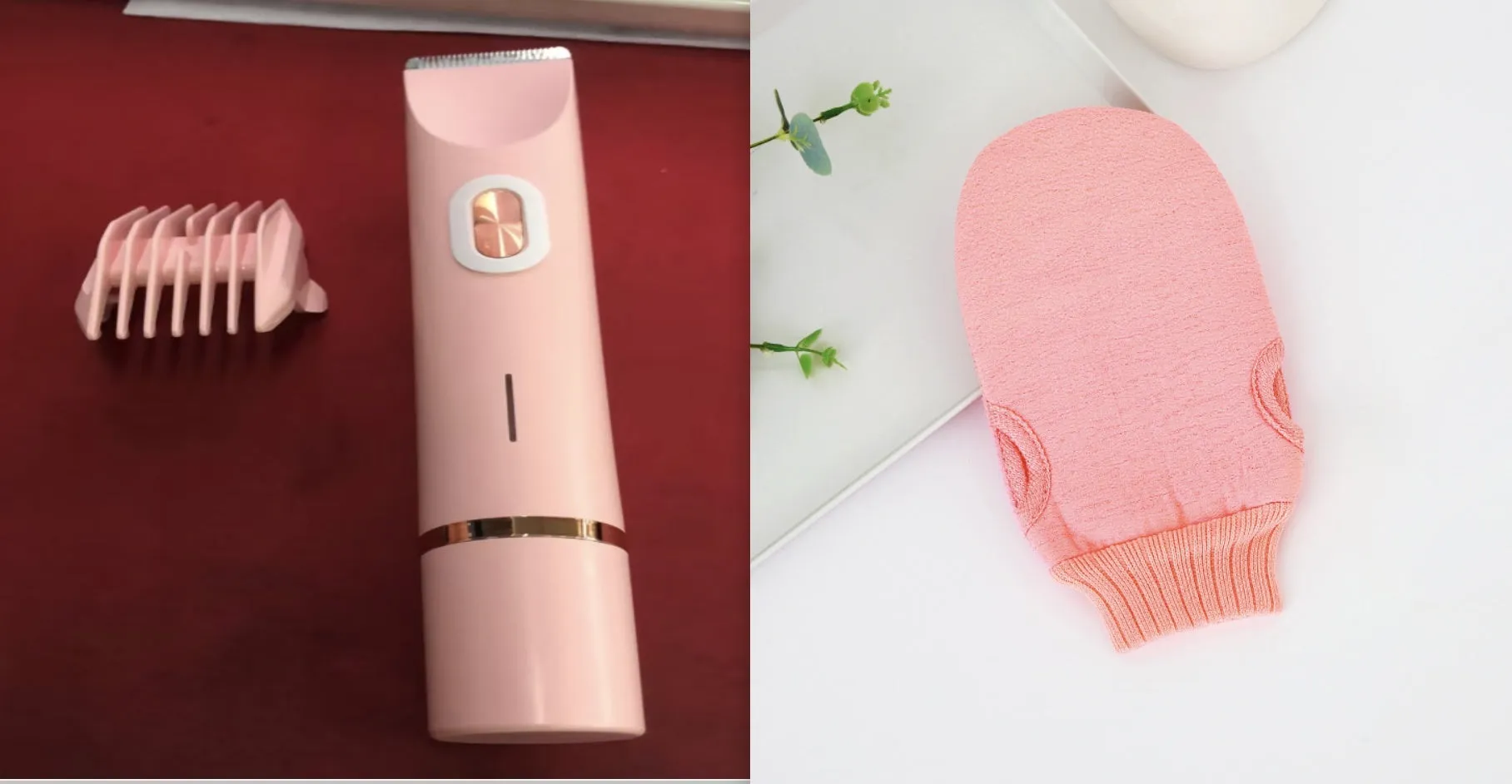 Pink women's electric razor and trimmer with two heads, USB cable, and brush on a white background.