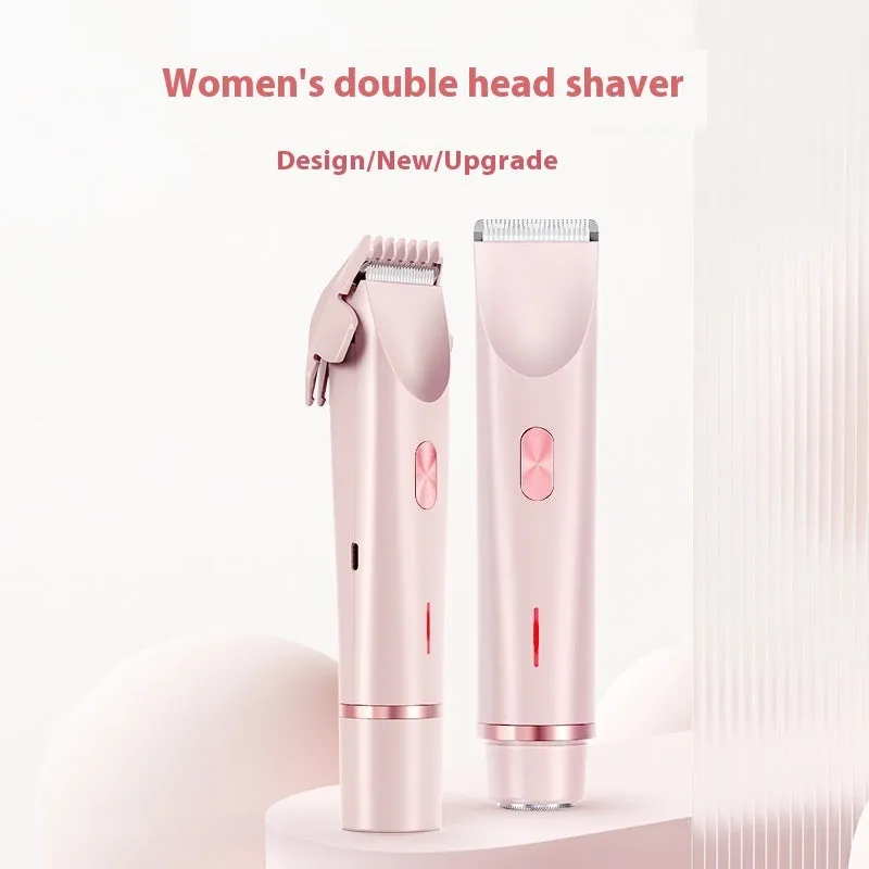 Pink women's electric razor and trimmer with two heads, USB cable, and brush on a white background.