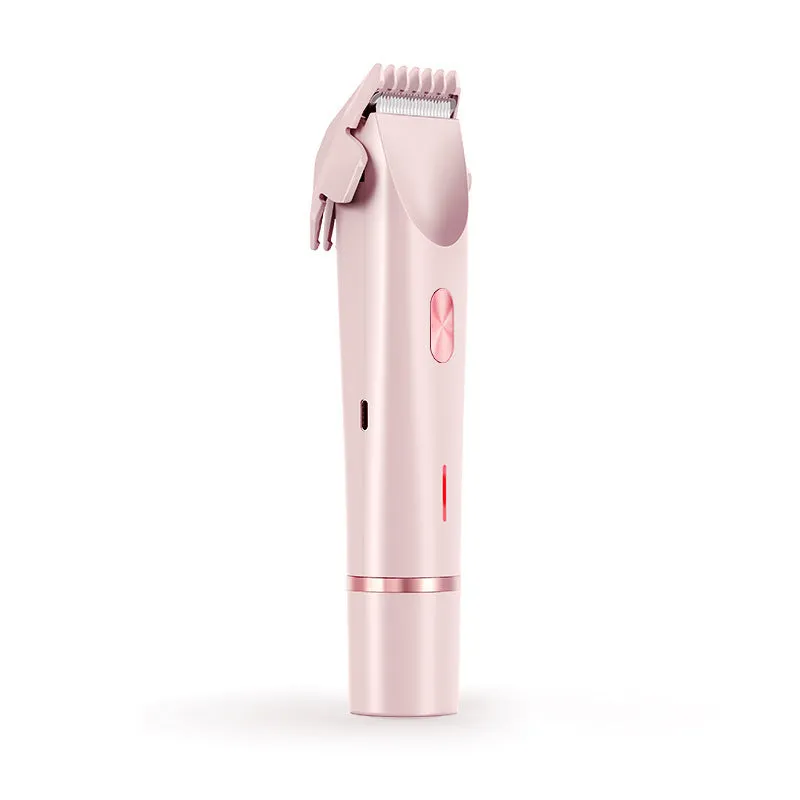 Pink women's electric razor and trimmer with two heads, USB cable, and brush on a white background.