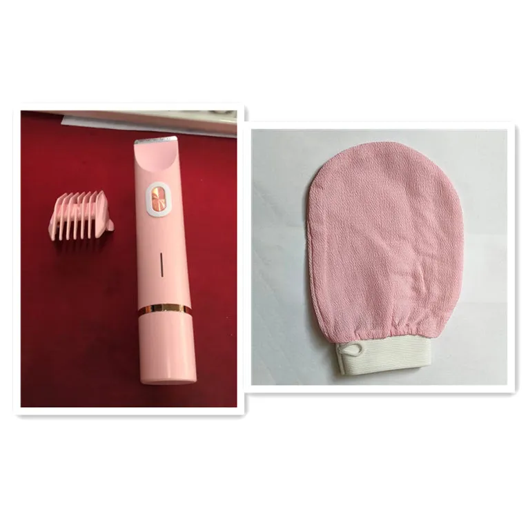 Pink women's electric razor and trimmer with two heads, USB cable, and brush on a white background.