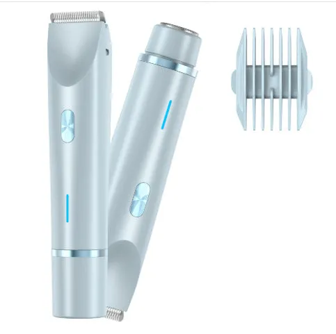 Pink women's electric razor and trimmer with two heads, USB cable, and brush on a white background.
