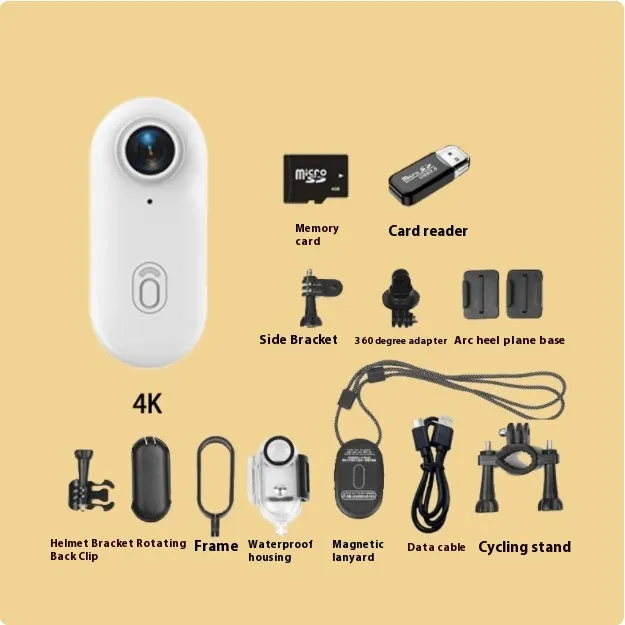 Small black 4K action camera with magnetic mount attached to a bicycle helmet.