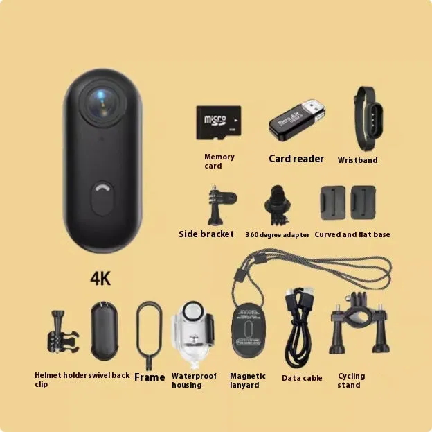 Small black 4K action camera with magnetic mount attached to a bicycle helmet.