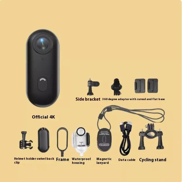 Small black 4K action camera with magnetic mount attached to a bicycle helmet.