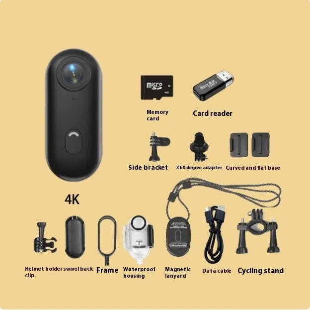 Small black 4K action camera with magnetic mount attached to a bicycle helmet.