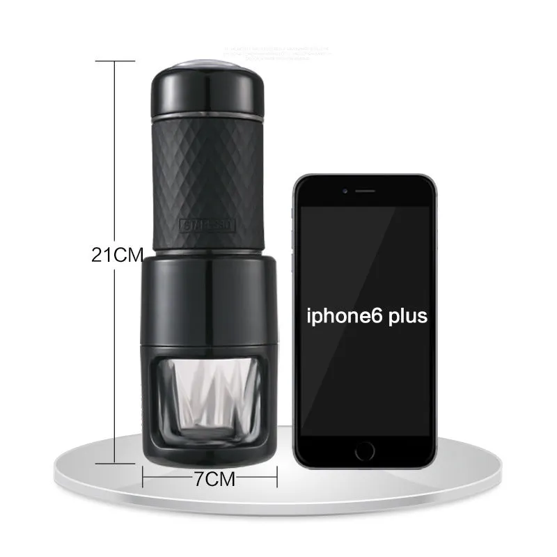 Portable manual espresso coffee machine in black, 7x7x20.3 cm, with hand-pressure lever and stainless steel build