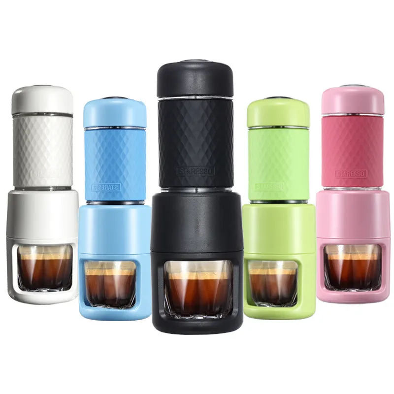 Portable manual espresso coffee machine in black, 7x7x20.3 cm, with hand-pressure lever and stainless steel build