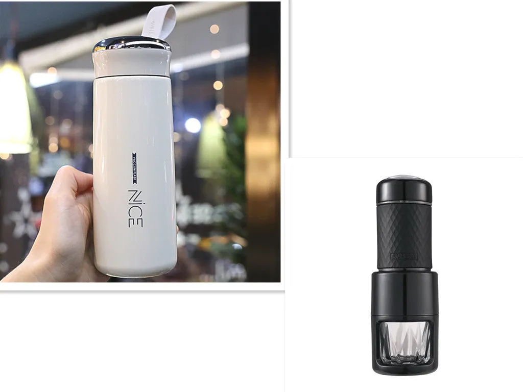 Portable manual espresso coffee machine in black, 7x7x20.3 cm, with hand-pressure lever and stainless steel build