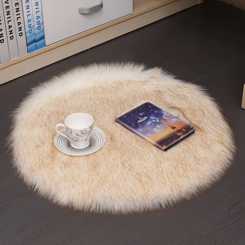 Round beige wool plush carpet floor mat on a wooden floor.