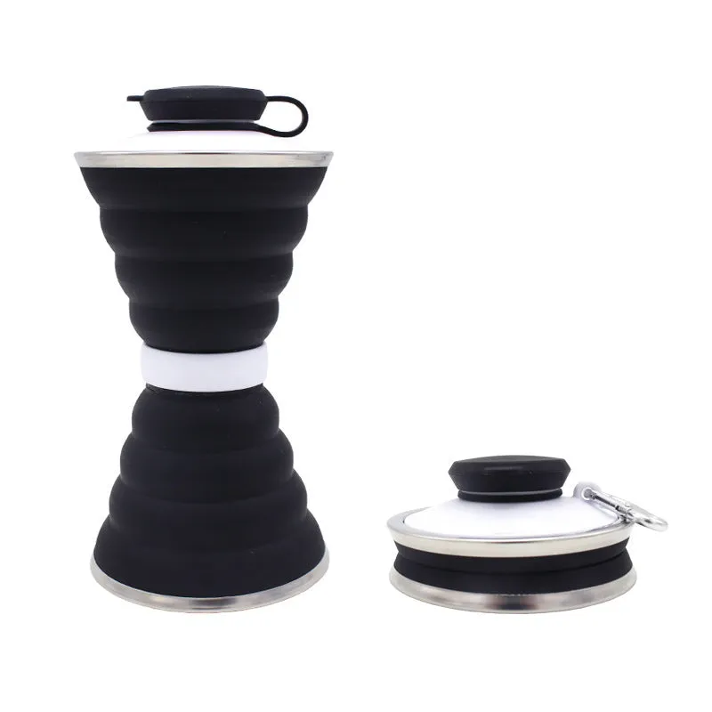 500ml silicone collapsible water bottle cup shown both expanded and folded with stainless steel rim