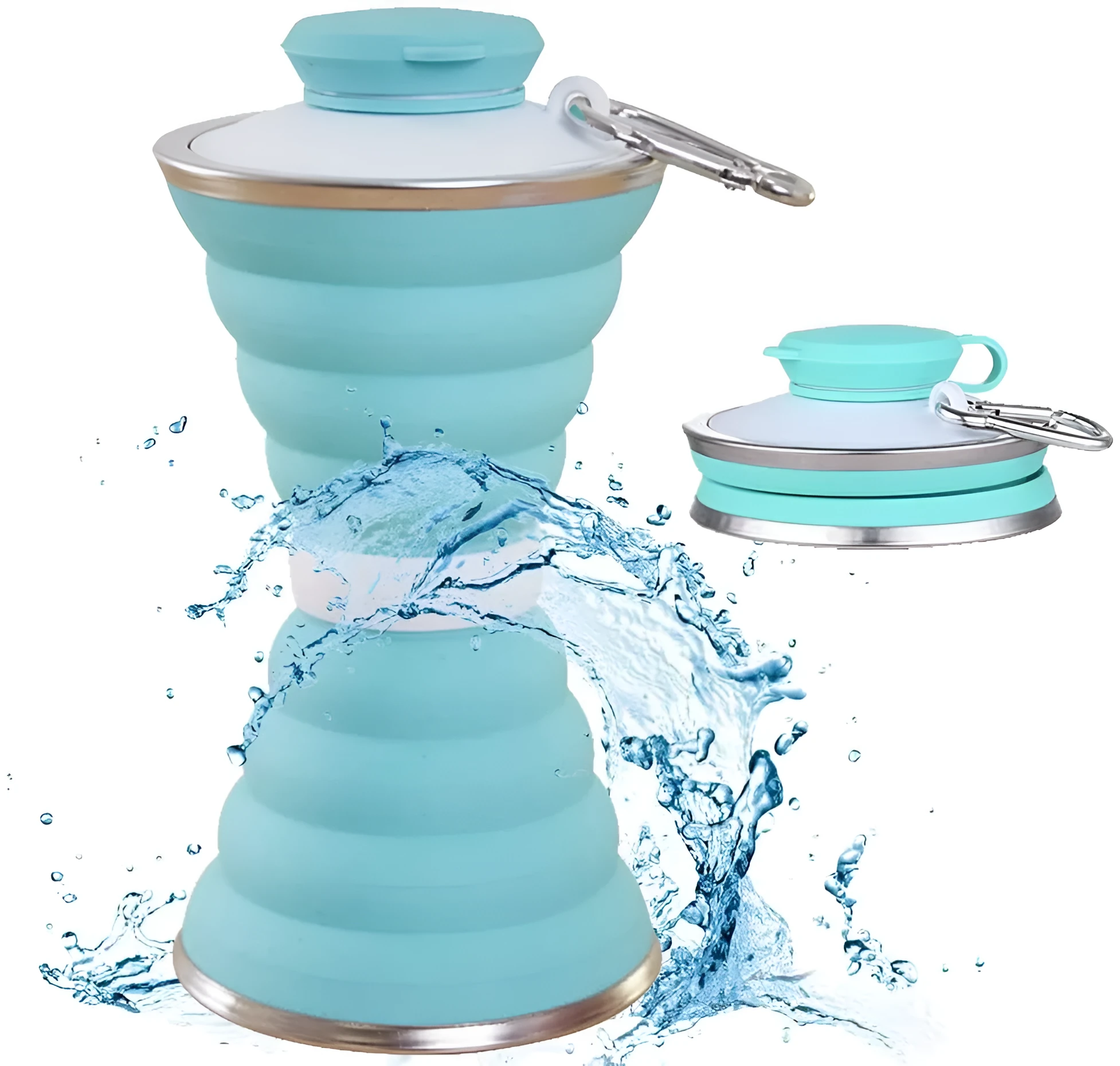 500ml silicone collapsible water bottle cup shown both expanded and folded with stainless steel rim