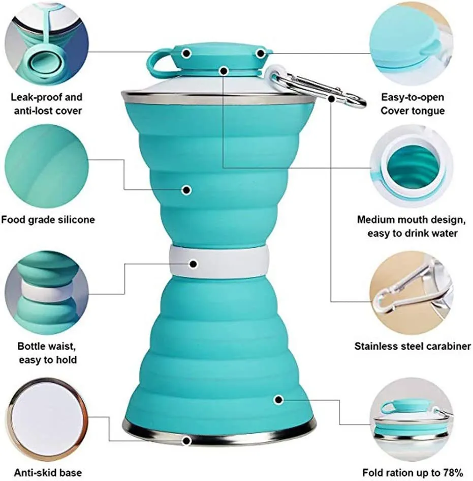 500ml silicone collapsible water bottle cup shown both expanded and folded with stainless steel rim