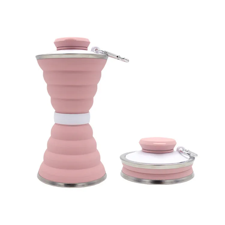 500ml silicone collapsible water bottle cup shown both expanded and folded with stainless steel rim
