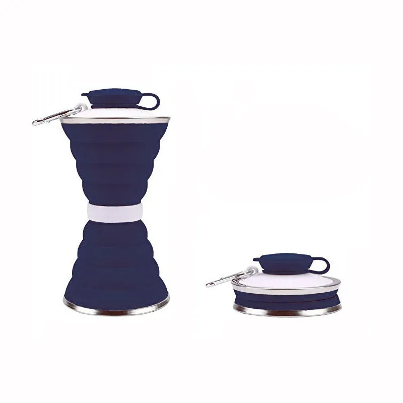 500ml silicone collapsible water bottle cup shown both expanded and folded with stainless steel rim
