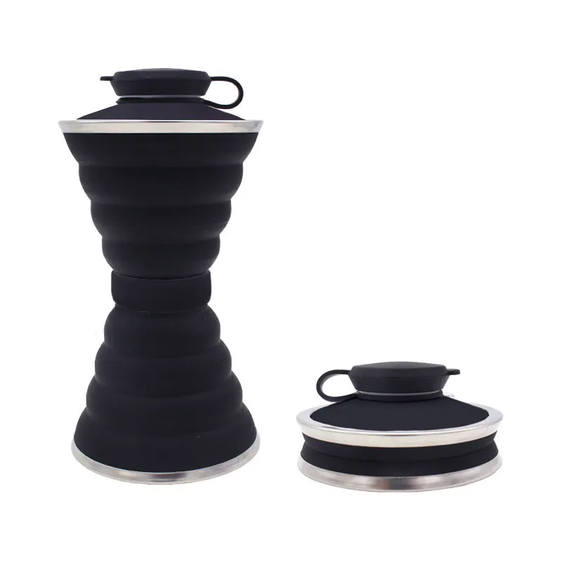 500ml silicone collapsible water bottle cup shown both expanded and folded with stainless steel rim