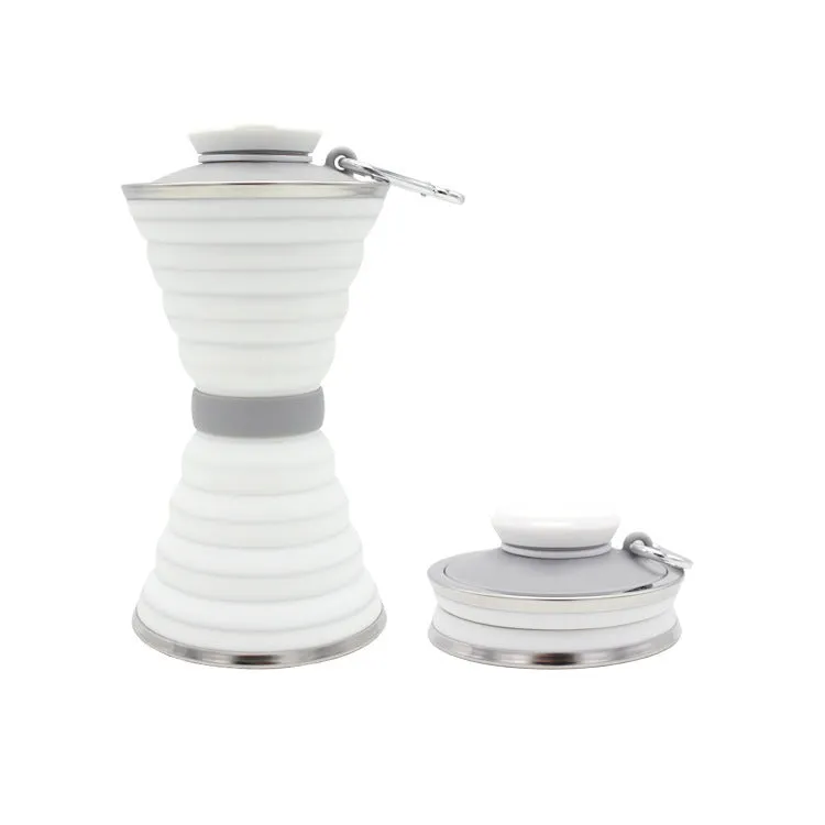 500ml silicone collapsible water bottle cup shown both expanded and folded with stainless steel rim