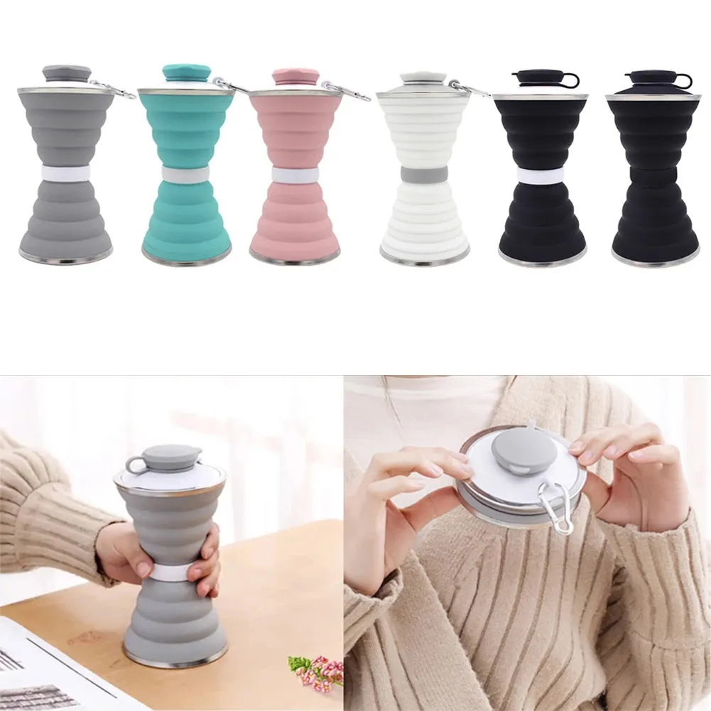 500ml silicone collapsible water bottle cup shown both expanded and folded with stainless steel rim