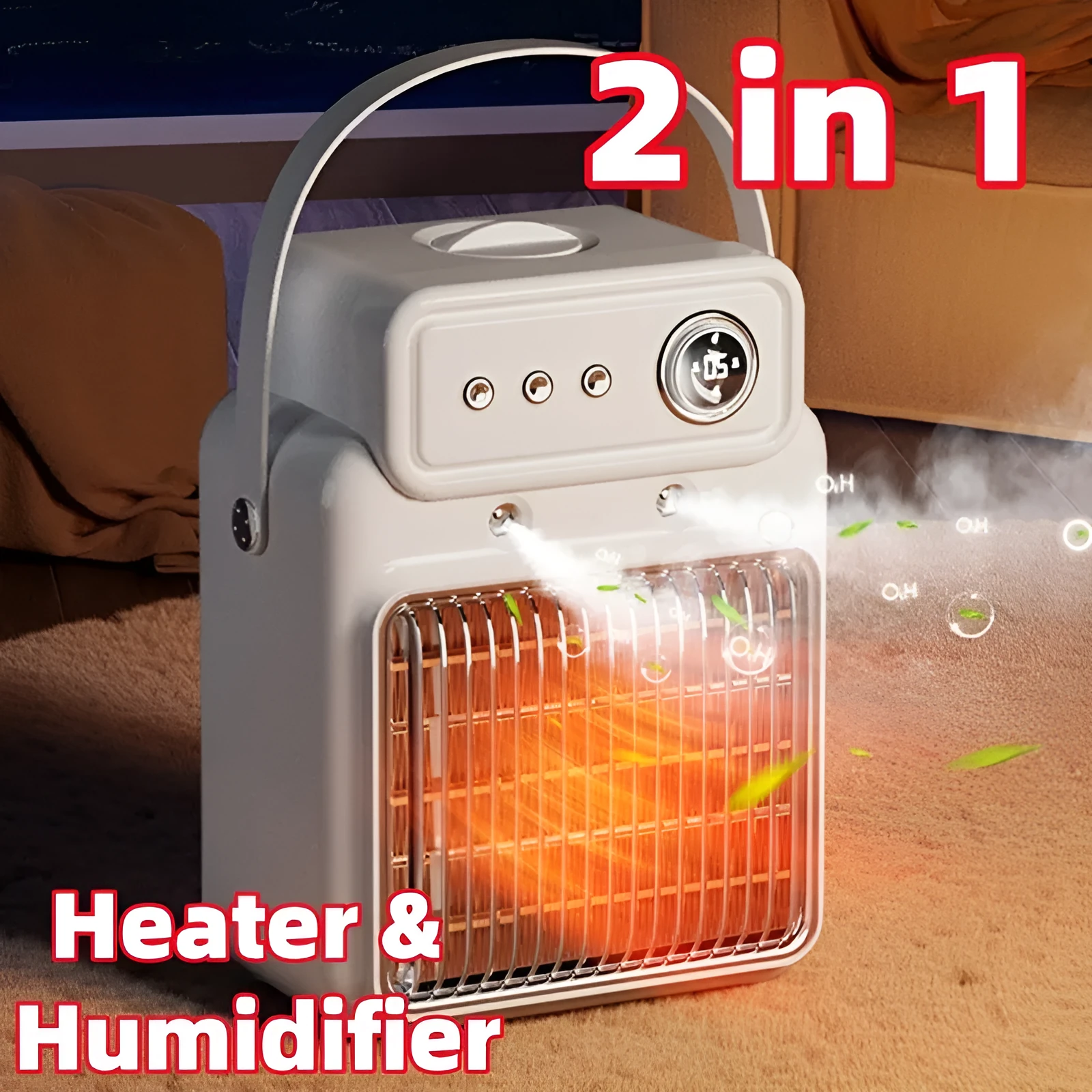White 2-in-1 ceramic table heater and humidifier with digital control panel.