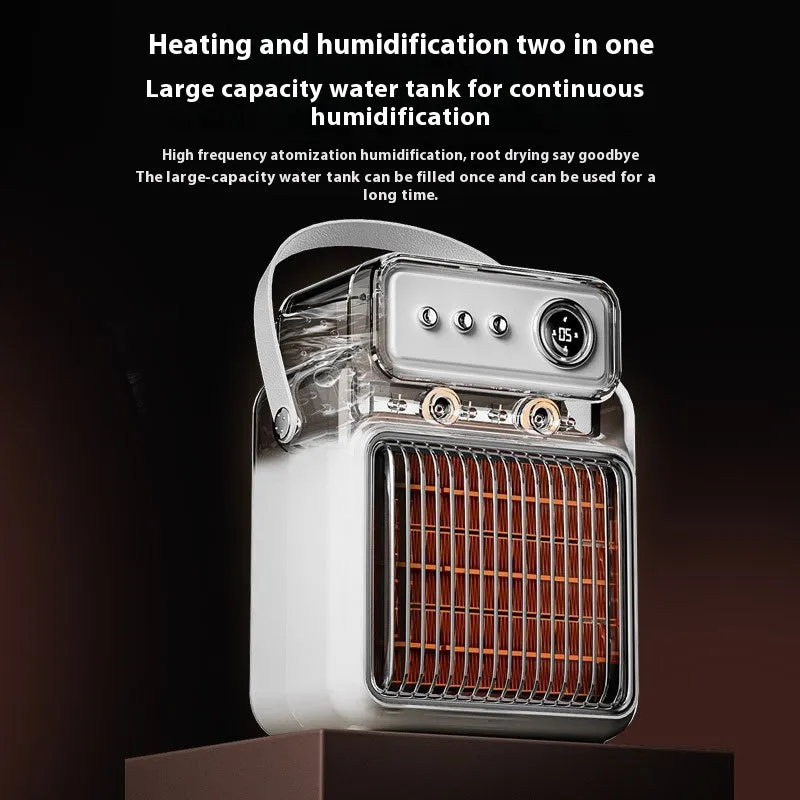 White 2-in-1 ceramic table heater and humidifier with digital control panel.