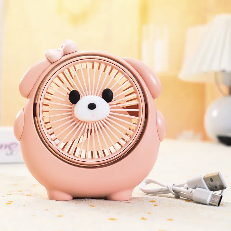 USB desktop fan with cute dog design in Bear Brown colour, showing compact size and three speed buttons.