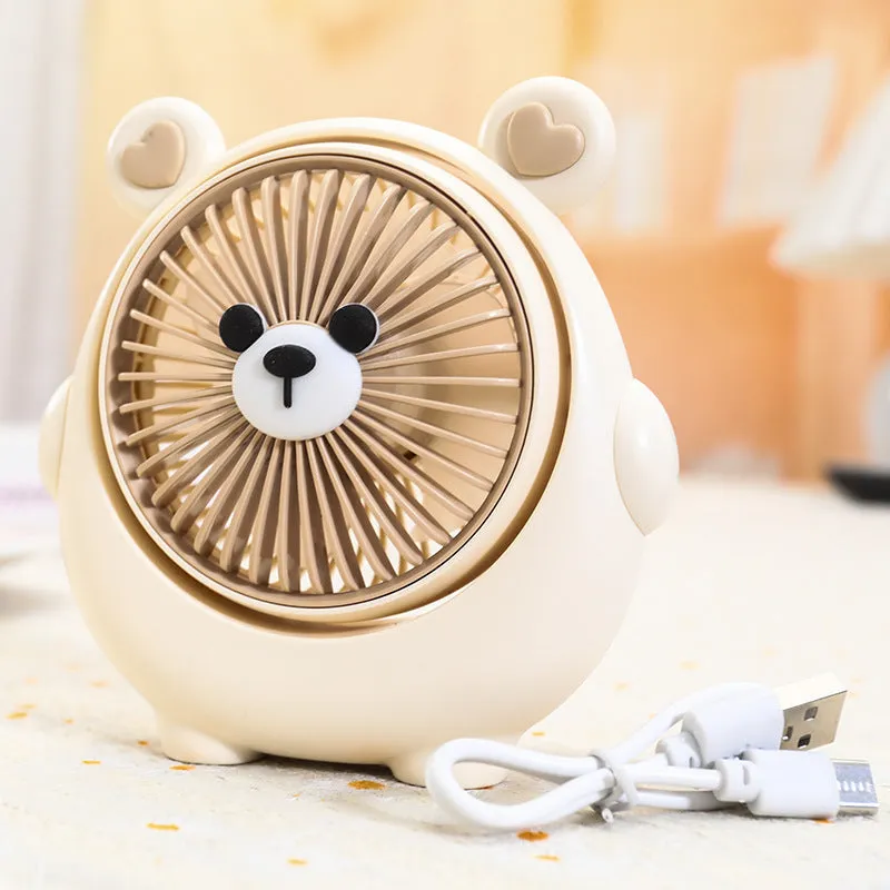 USB desktop fan with cute dog design in Bear Brown colour, showing compact size and three speed buttons.