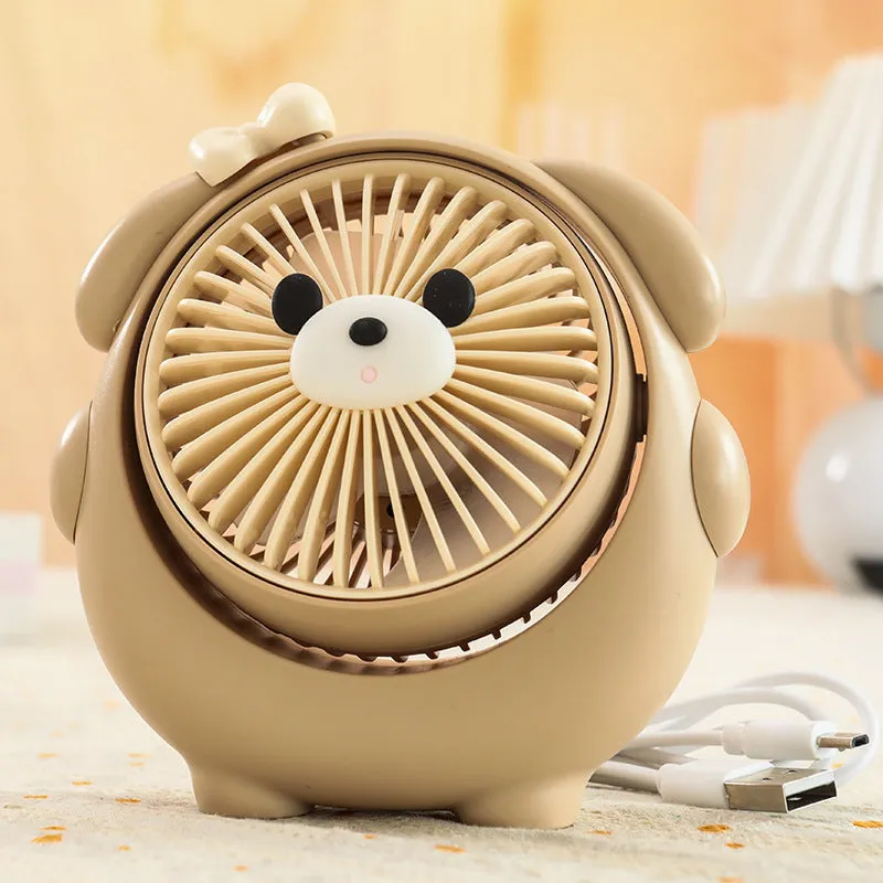 USB desktop fan with cute dog design in Bear Brown colour, showing compact size and three speed buttons.