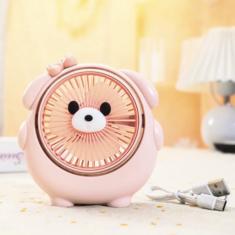 USB desktop fan with cute dog design in Bear Brown colour, showing compact size and three speed buttons.