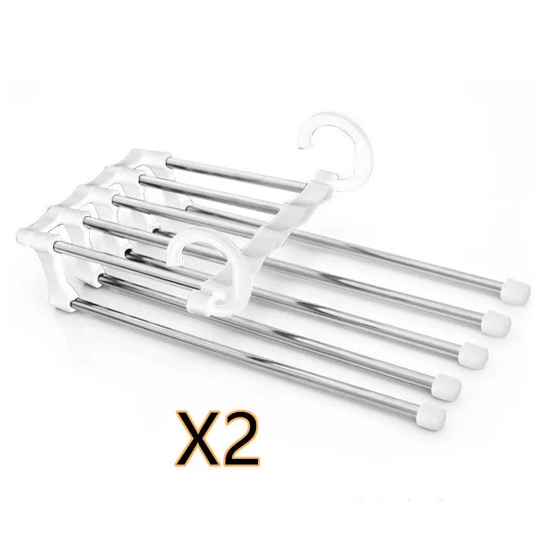 Black stainless steel magic wardrobe hanger with five booms for trousers.