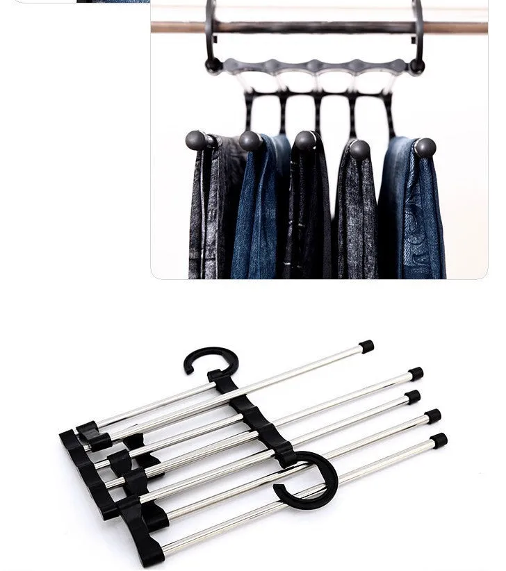 Black stainless steel magic wardrobe hanger with five booms for trousers.