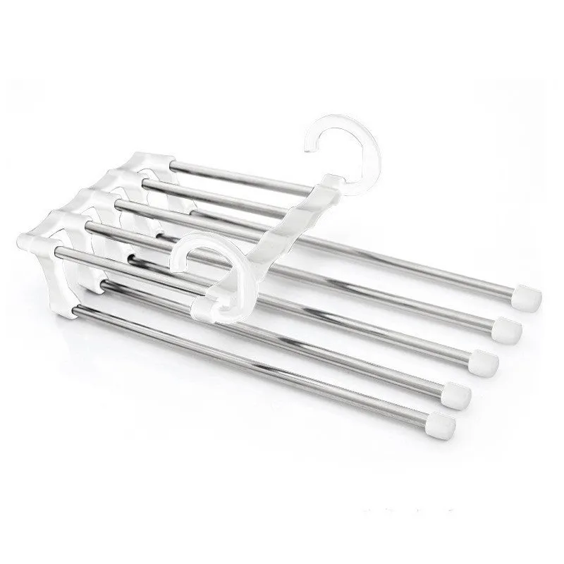 Black stainless steel magic wardrobe hanger with five booms for trousers.
